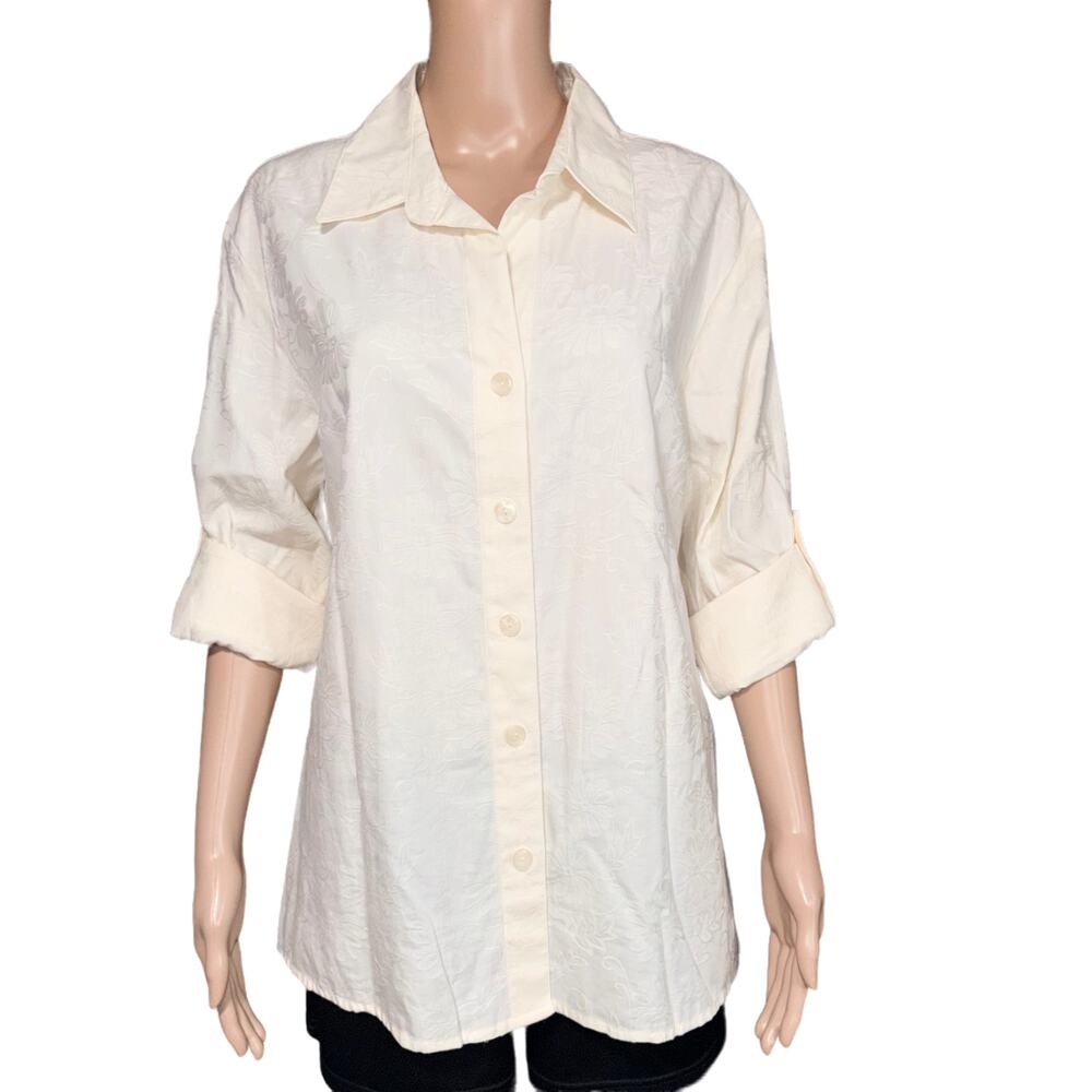 Croft & Barrow Womens Blouse Button Down Top Collared Jacquard Floral Cream Med